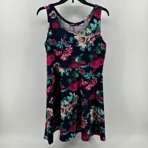Thanth Navy Blue Colorful Floral Sleeveless Fit and Flare Skater Tank Dress L